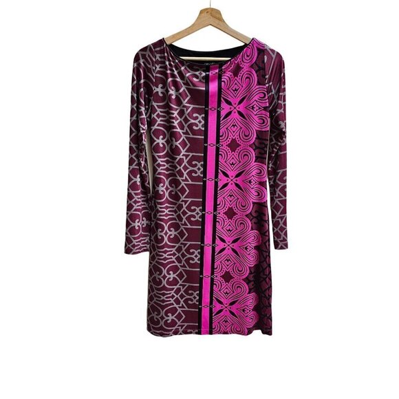 AnaLili Womens Long Sleeve Geometric Print Dress, Burgundy/Pink, Size Med - Picture 1 of 11